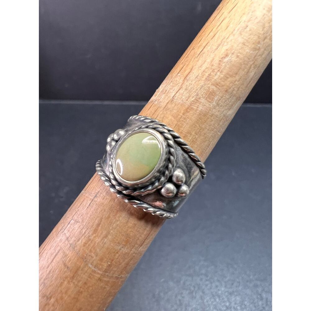 Vintage Sterling Silver Size 6 Ring | Artisan Style Green Cabochon Band